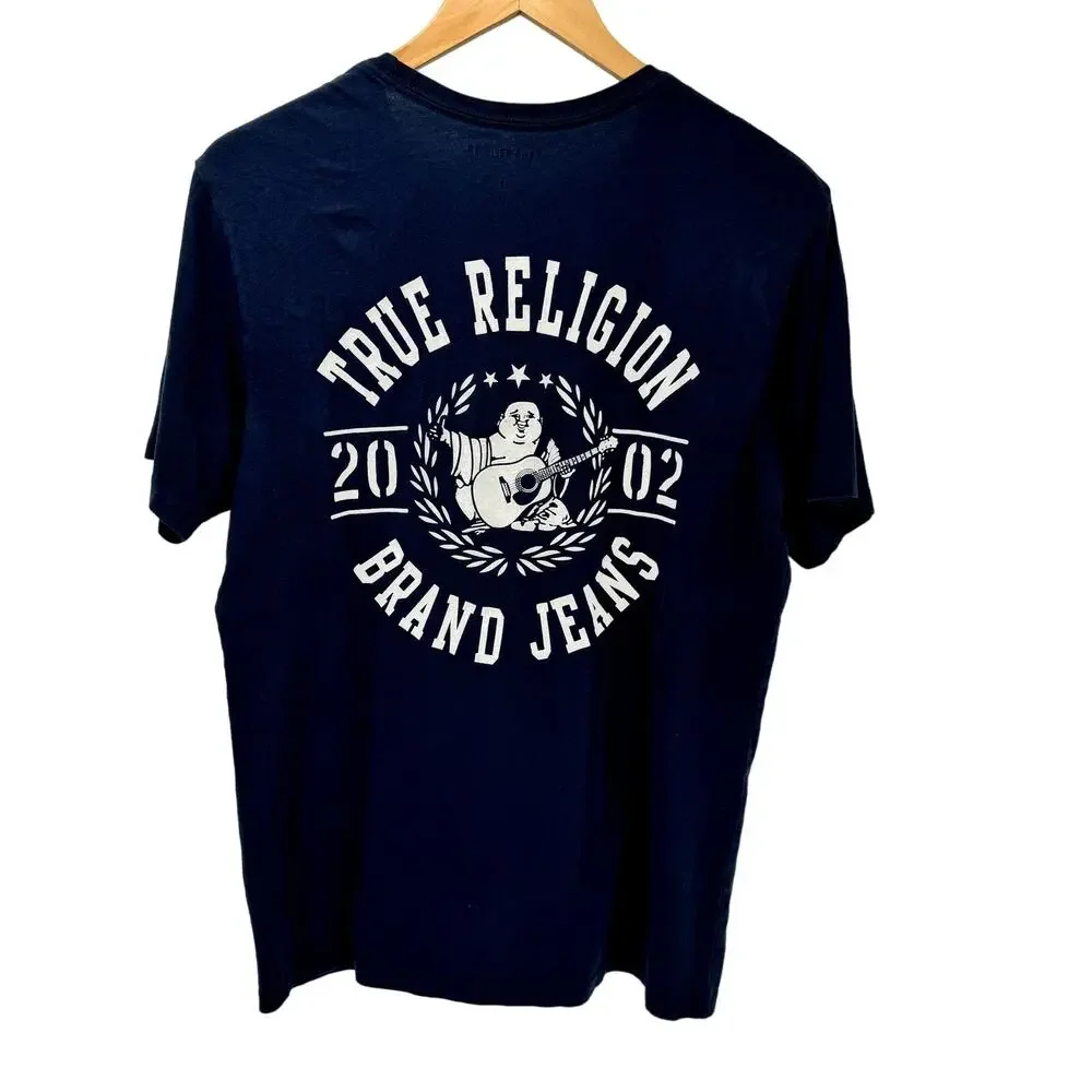 True Religion T-Shirt Mens Medium Blue‎ Short Sleeve Logo Back Cotton Tee Shirt